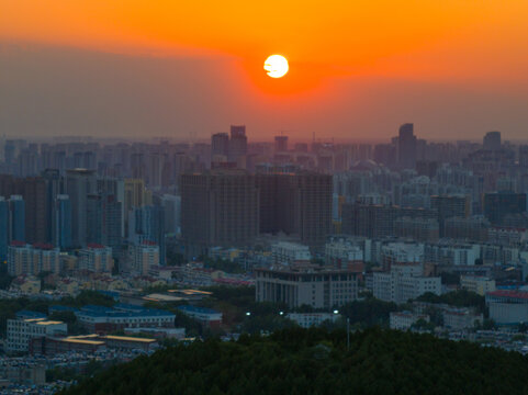 航拍济南夕阳晚霞