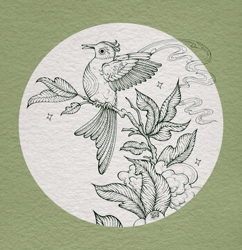 铜版画飞鸟与植物