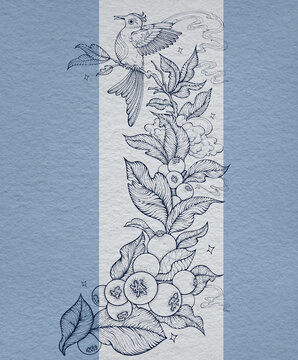蓝莓与鸟铜版画