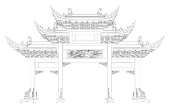 苏式牌楼牌坊立面线稿图