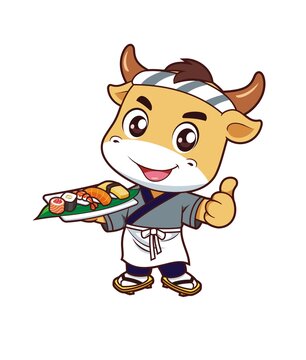 卡通可爱小牛日料厨师端寿司