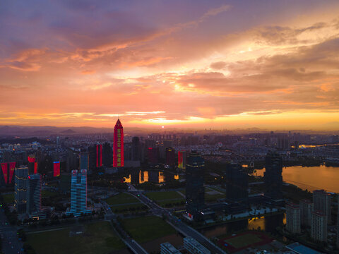 绍兴迪荡新城夜景晚霞航拍