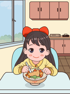 可爱的小女孩吃饭矢量分层插画