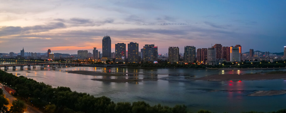 吉林城市风光落日航拍全景