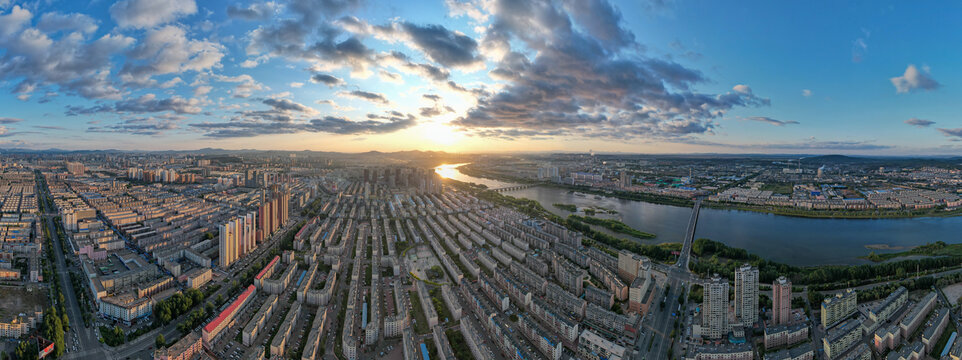 吉林城市建筑风光夕阳航拍全景