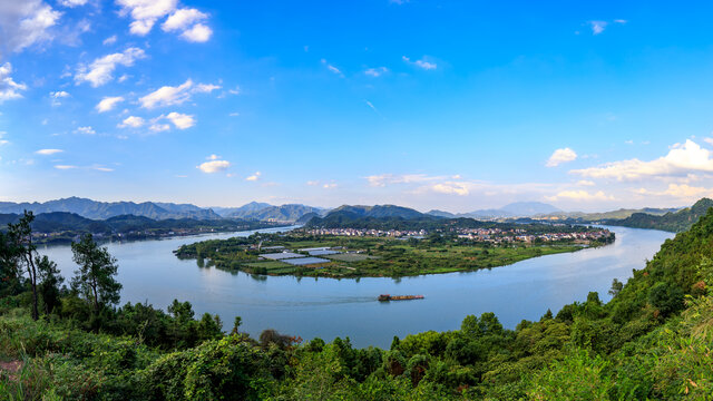 杭州建德下涯之江村风光全景