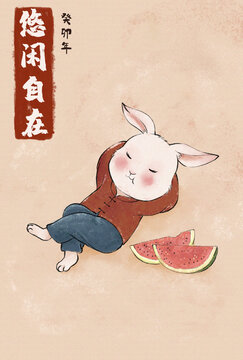 卡通兔子吃西瓜插画表情包