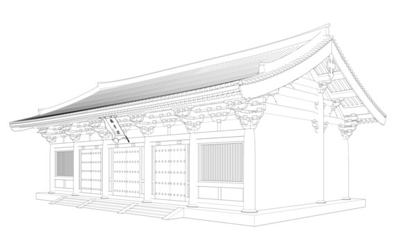 唐风悬山厅堂轴测线稿图