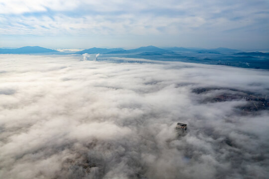 吉林市城市云海大雾仙境航拍