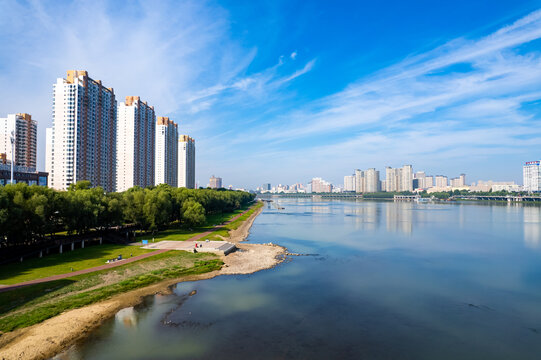 吉林市城市风光松花江航拍