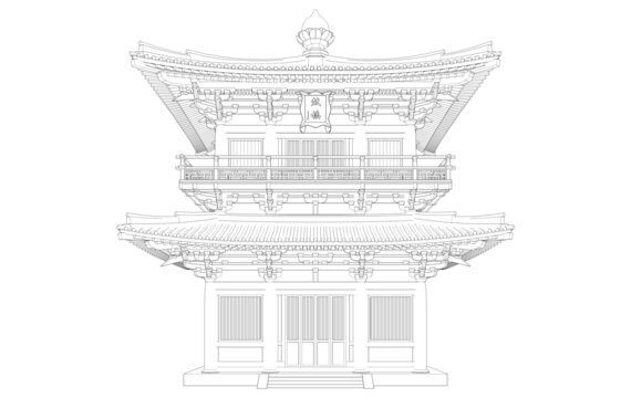 唐风钟鼓楼立面线稿图