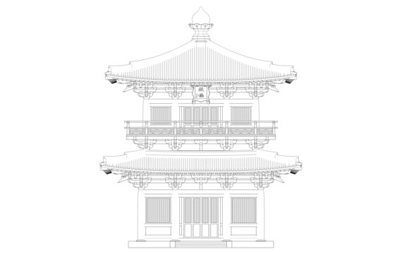 唐风钟鼓楼正立面线稿图