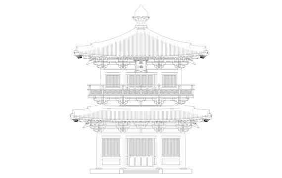 唐风钟鼓楼正立面线稿图