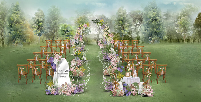 粉紫色户外婚礼手绘效果图