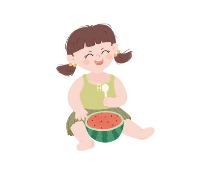 小女孩开心吃西瓜插画