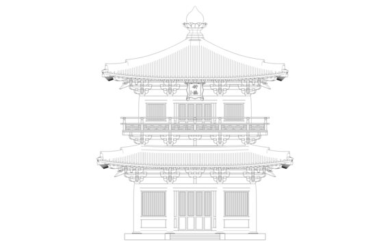 唐风钟楼正立面线稿图