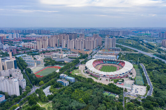 航拍郑州航海体育场地标性建筑