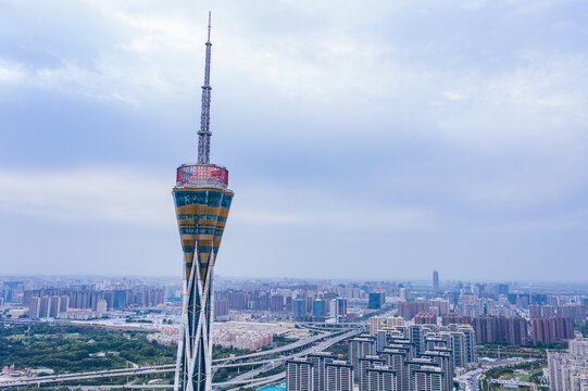 航拍郑州中原福塔城市地标高塔