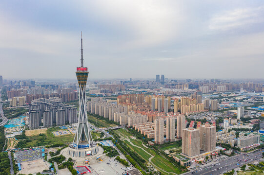 航拍郑州中原福塔城市地标高塔