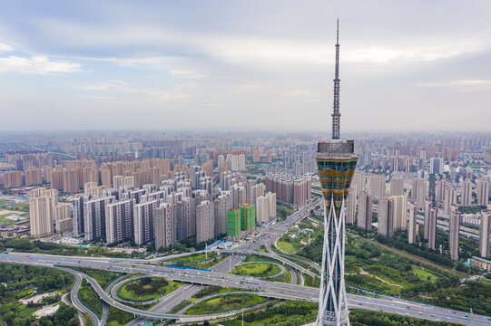 航拍郑州中原福塔城市地标高塔