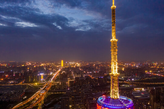 航拍郑州中原福塔夜景都市地标