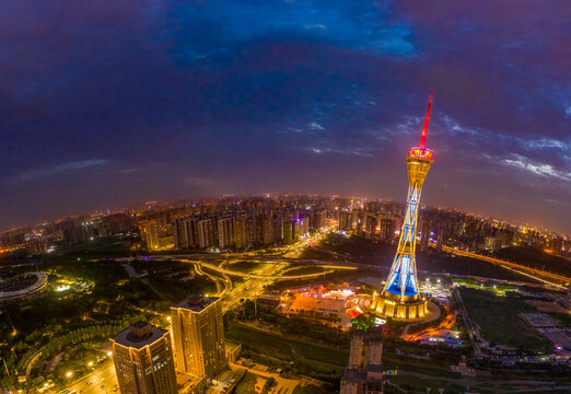 航拍郑州中原福塔夜景都市地标