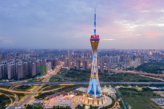 航拍郑州中原福塔夜景都市地标