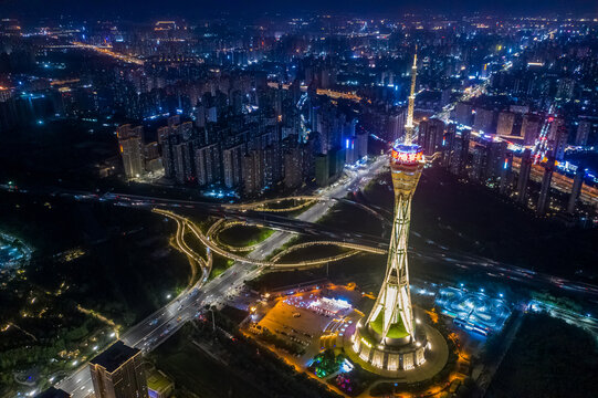 航拍郑州中原福塔夜景都市地标