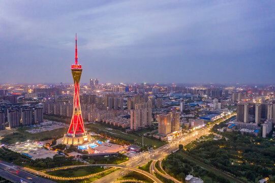 航拍郑州中原福塔夜景都市地标