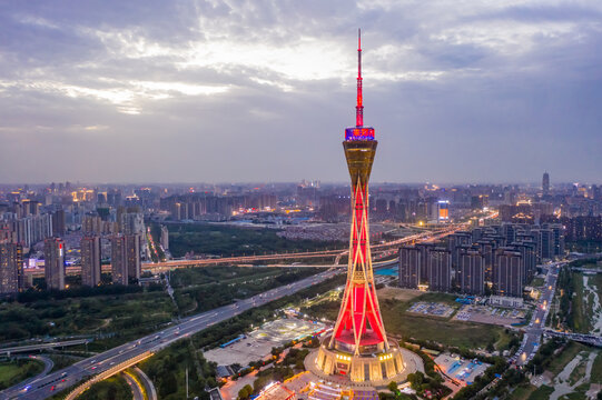 航拍郑州中原福塔夜景灯光秀