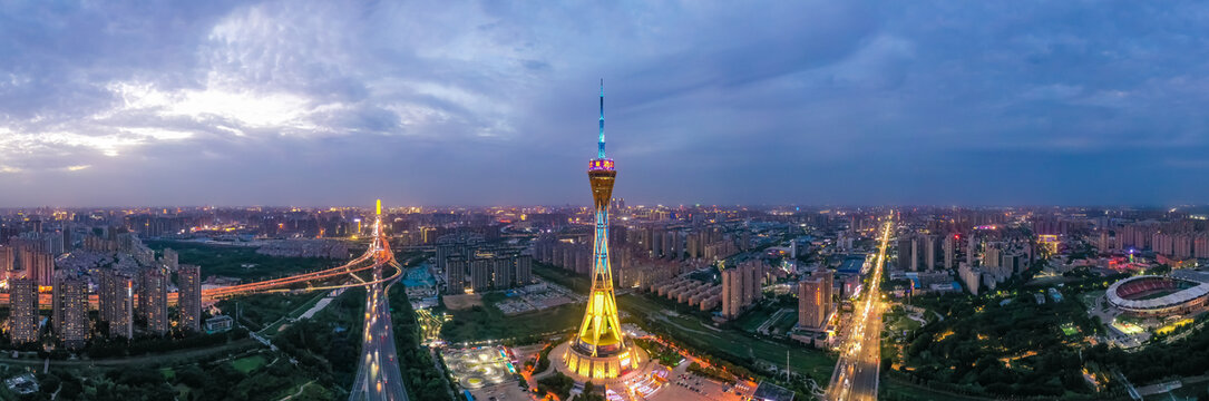 航拍郑州中原福塔夜景地标灯光