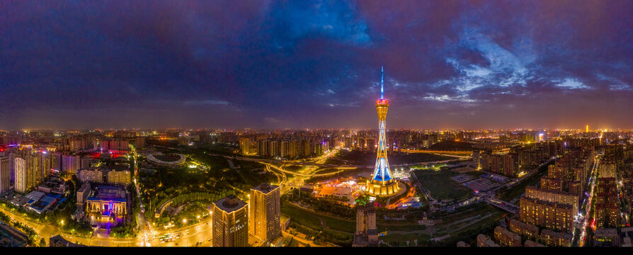 航拍郑州中原福塔夜景地标灯光