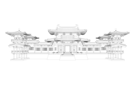 唐风寺院立面线稿图
