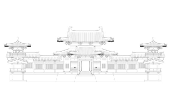 唐风寺院正立面线稿图