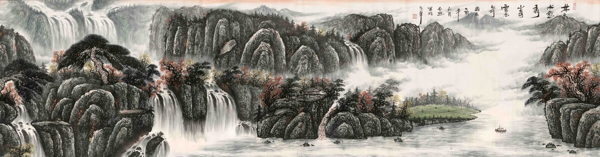 瀑布山水国画