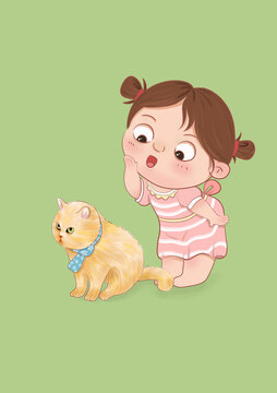 小女孩和金色猫