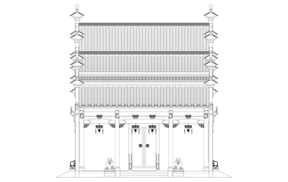 马头墙民居正立面线稿图