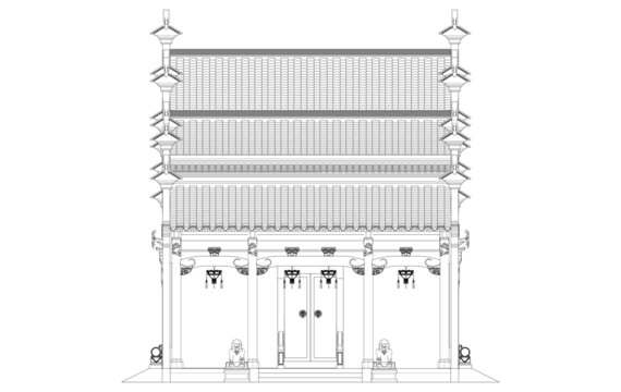 马头墙民居正立面线稿图