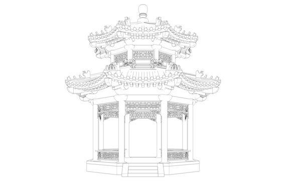 彩绘八角亭立面线稿图
