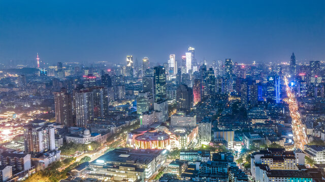 航拍南京摩天大楼夜景