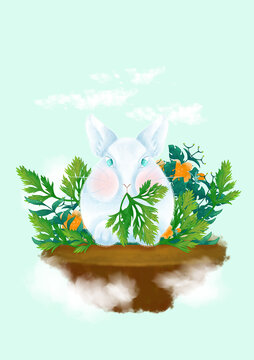 插画萝卜丛中的小兔子