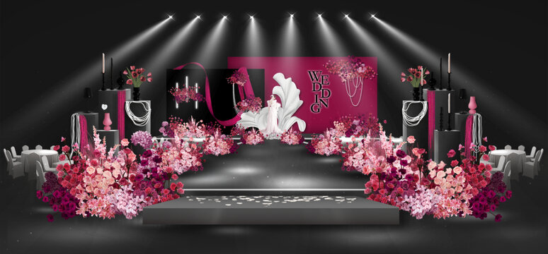 玫红粉色黑色韩式婚礼效果图