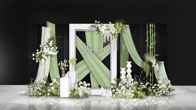 韩式白绿布幔婚礼迎宾区效果图