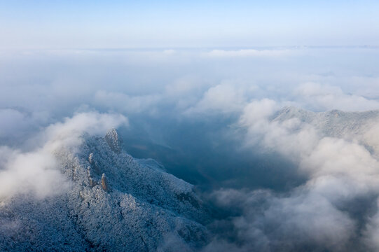 仙华山雪景雾凇云海风光航拍