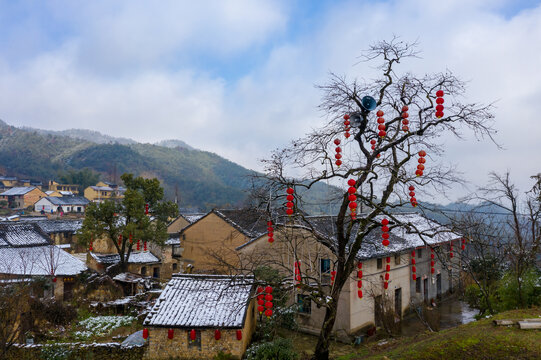 古村落雪景报春树