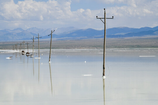 茶卡盐湖湖里的老式电线杆