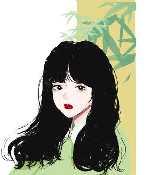 竹子与女孩插画