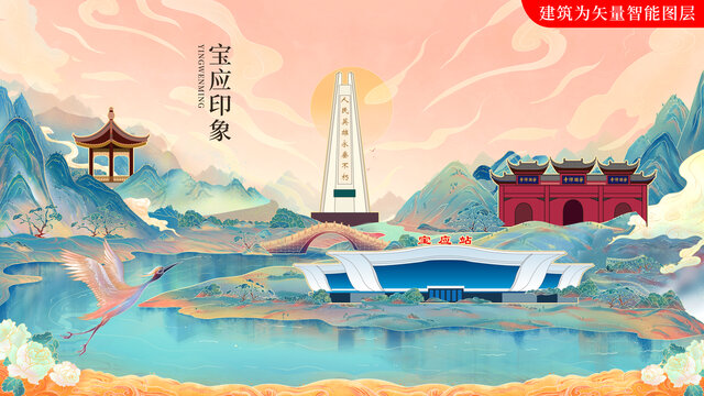 宝应县国潮手绘地标建筑海报