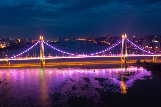 航拍湖南长沙三汊矶大桥夜景