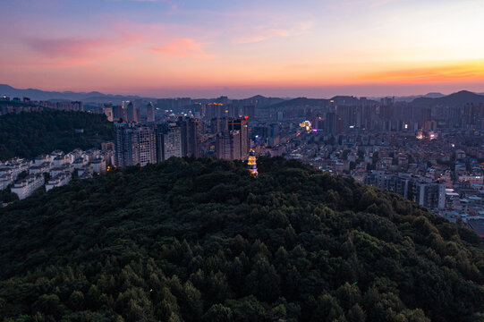 航拍湖南郴州城市夜景风光